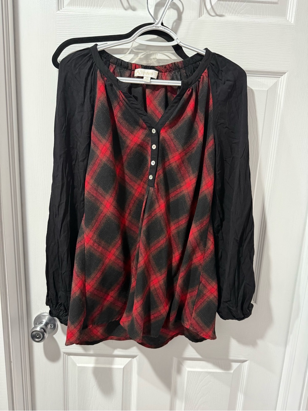 Suzanne Betro Black & Red Plaid Henley Blouse